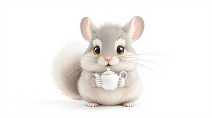 Adorable Chinchilla Illustration Holding Teapot on White Background