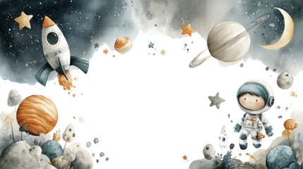 Watercolor children's white and blue illustration on a space theme with space for text: spaceship, cute astronaut in a white spacesuit, planets