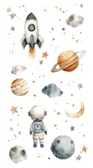 Watercolor children's white and blue illustration on a space theme: spaceship, cute astronaut in a white spacesuit, planets