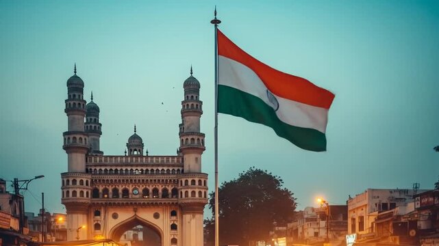 Indian independence day scene tricolor flag soaring over charminar landmark symbolizing national pride heritage and culture celebratory view