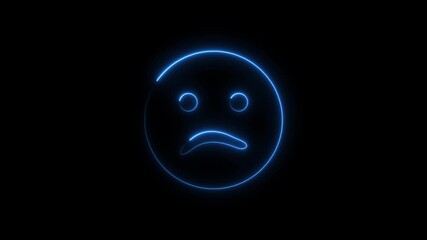 Animated blue neon sad face emoji on black background for digital communication - Powered by Adobe