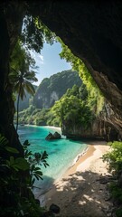 Obraz premium Tropical paradise beach seen from a cave entrance