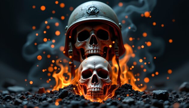 A striking juxtaposition of symbolism: a fireplace with a skull placed centrally atop it, creating an image that merges the idea of danger with the warmth associated with home and hearth.