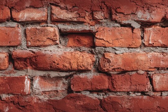 Close-up of weathered reddish-brown brick wall with mortar.  Cracks and unevenness in the bricks are visible
