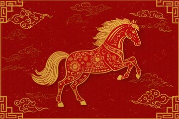 Horse is adorned with intricate golden patterns. dynamic pose against a vibrant red background. 2026 new year with copy space for text, luxury red and gold Chinese horse new year background, wallpaper