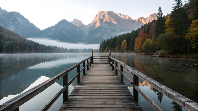 Wooden pier extending into a misty mountain lake with autumn trees full hd 4k stock image download dock