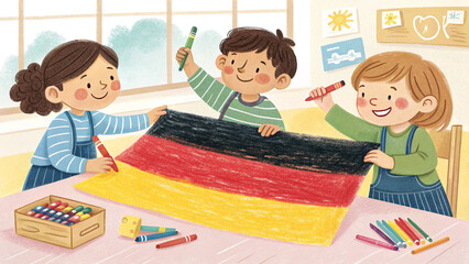 Children drawing german flag with crayons in classroom education art project school activity learning