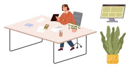 Woman seated at desk using tablet, surrounded by office supplies, potted plants, documents, monitor. Ideal for productivity, remote work, workplace organization, business tools creativity modern