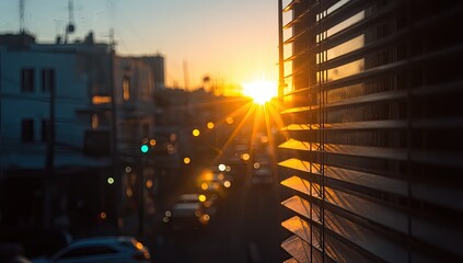 Obraz premium Golden sunset seen through blinds, city in soft focus