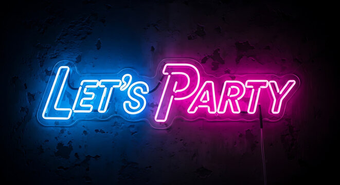 A vibrant neon sign displays the phrase let's party in bright blue and pink against a dark backdrop ai generated