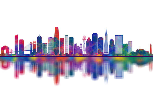 San Francisco California Skyline. Cityscape Skyscraper Buildings Landscape City Downtown Abstract Landmarks Travel Background Modern Art