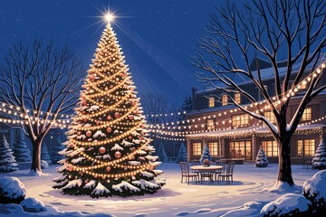 Photo of a beautifully decorated christmas tree glows with warm lights on a snowy winter night outside a cozy, illuminated house, creating a festive holiday scene