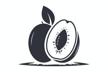 Monochrome Plum Detailed Half Cut Fruit with Leaf on White Background