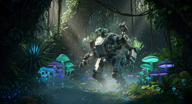 Sci-fi robot walking through a lush forest at night with glowing plants and vibrant neon mushrooms on the ground