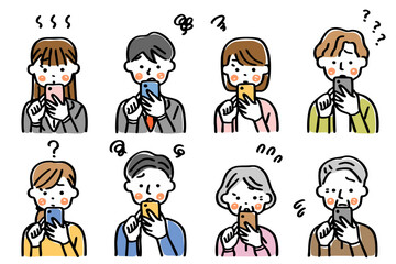 スマートフォンを操作する人物のイラストセット＿困る