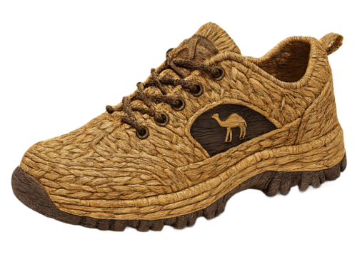 A unique athletic shoe crafted from woven natural straw with a camel logo and a rugged treaded sole