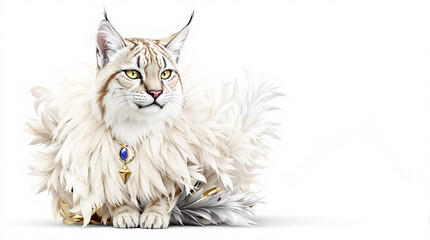 Elegant Lynx in Luxurious Feather Boa and Gemstone Pendant on White Background