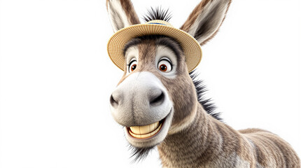 Smiling cartoon donkey in a straw hat, happy animal character
