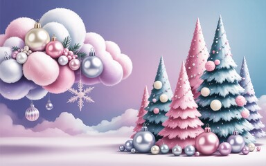 Photo of whimsical pastel christmas trees adorned with shiny ornaments and fluffy clouds, evoking a dreamy winter holiday celebration