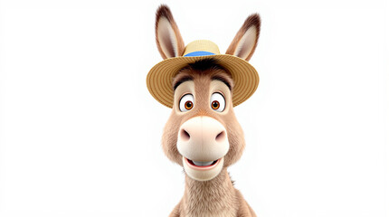 Friendly Animated Donkey in Straw Hat on White Background