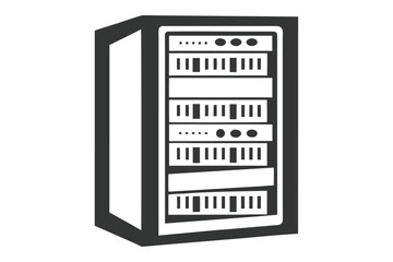 Isolated server rack featuring multiple shelves and electronic equipment is displayed on a white background