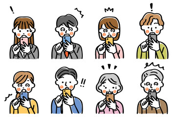 スマートフォンを操作する人物のイラストセット＿驚く