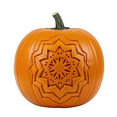 Obraz premium Perfectly formed pumpkin, intricately carved with a geometric mandala pattern, against a transparent studio background with bright shadowless lighting, emphasizing sculptural quality and precision.