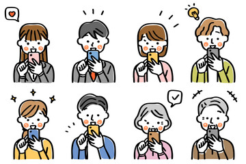 スマートフォンを操作する人物のイラストセット＿笑顔