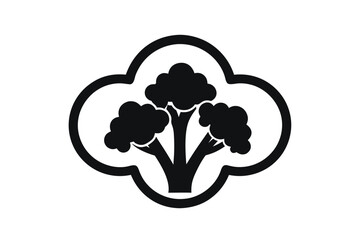 Simple black broccoli symbol is encased by a rounded cloverleaf style frame on white
