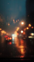 City lights seen through a rain-streaked window at night.