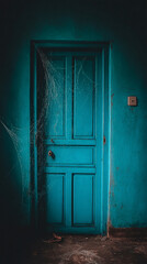 Blue door with cobwebs in an abandoned room, evoking a sense of mystery and neglect