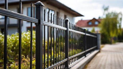 Close-up of a black wrought iron fence beside a modern home, framed by lush greenery and a sunny sky.