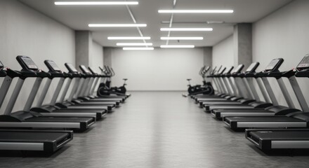 Modern gym interior with rows of treadmills and bright lighting