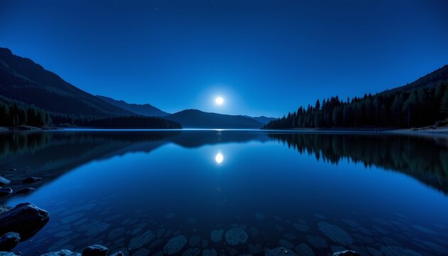 A serene nighttime view of a tranquil lake surrounded by mountains under a full moon. - Powered by Adobe