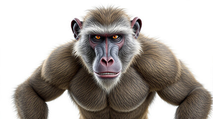 Obraz premium Powerful Baboon Portrait with Intense Gaze on White Background, Showcasing Muscular Primate Features