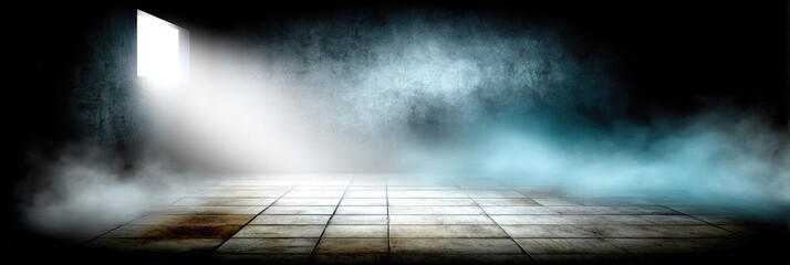 Mysterious, dimly lit room with a light source, fog, and tiled floor