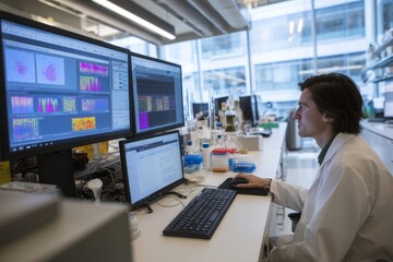 A medical research lab with advanced computers An AI program is discovering patterns in large health datasets The mood feels innovative and promising, Generative AI