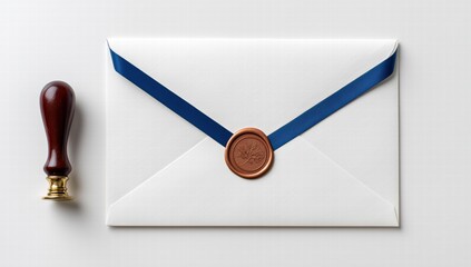 White envelope with blue ribbon and tree-design brown wax seal, plus wooden brass wax seal stamp on white surface, perfect for letters, invitations, and formal event decorations in classic elegant sty