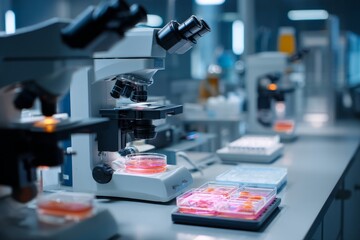 A pathology lab with microscopes and sample trays An AI program is analyzing tissue samples for diagnosis The mood feels careful and methodical, Generative AI 