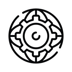 A circular emblem with a cogwheel inside Two curved lines circle the emblem. Editable stroke