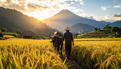 Asian farmer with a water buffalo walking through golden rice paddy terraces at a scenic sunrise with a volcano in the background.