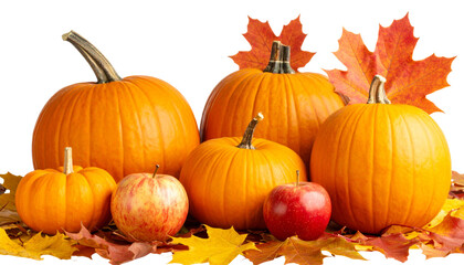 Bright orange pumpkin and autumn leaves on a white background