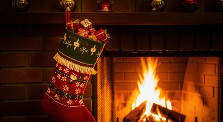 Christmas stocking filled with gifts hanging by a roaring fireplace image photo