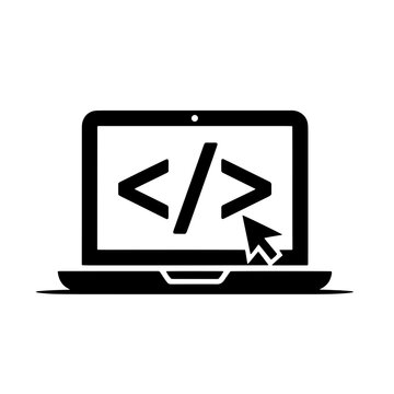 Coding symbols displayed on laptop screen with a cursor indicating active programming task in a modern workspace