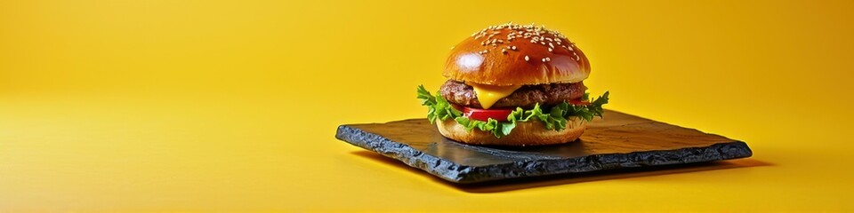 Delicious cheeseburger on slate plate against yellow background