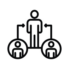Black outline of a figure standing between two encircled figures with connecting arrows pointing from the central figure to the others. Editable stroke