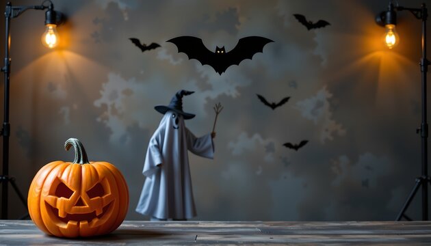 A Halloween themed scene with a jack o' lantern and a witch standing in front of a backdrop that features bats flying around a castle silhouette.