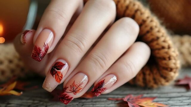 Elegant autumn nail art featuring leaf designs and glitter on a cozy background