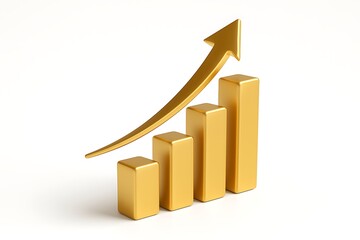 Golden bar chart with upward arrow showing growth and success, perfect for business and finance visuals.