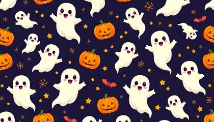 Fototapeta premium A festive Halloween themed fabric design. It is filled with playful ghosts in various poses and sizes, floating in space against a dark blue backdrop